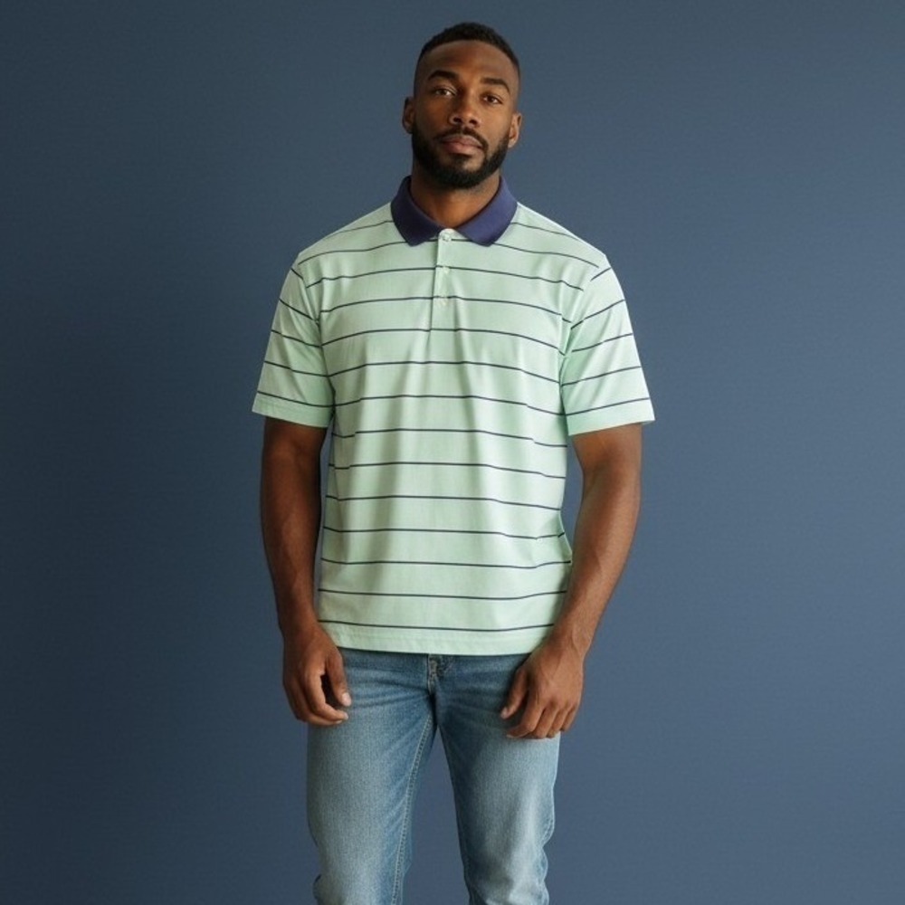 Peter Millar Mens Large Polo Shirt Green Navy Blue Striped Cotton Short Sleeve